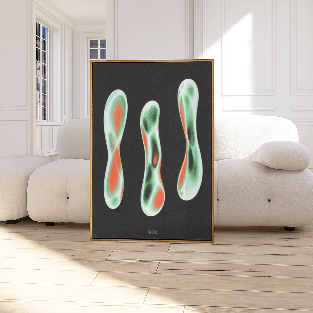 Abstrakte Kunst Poster von The Secret Gallery mit lebendigen Formen auf schwarzem Hintergrund