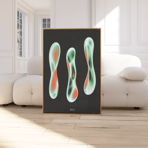 Abstrakte Kunst Poster von The Secret Gallery mit lebendigen Formen auf schwarzem Hintergrund