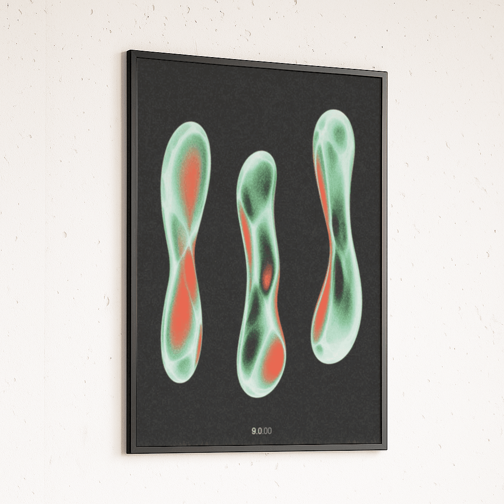 Abstrakte Kunst Poster von The Secret Gallery mit leuchtenden, organischen Formen auf schwarzem Hintergrund