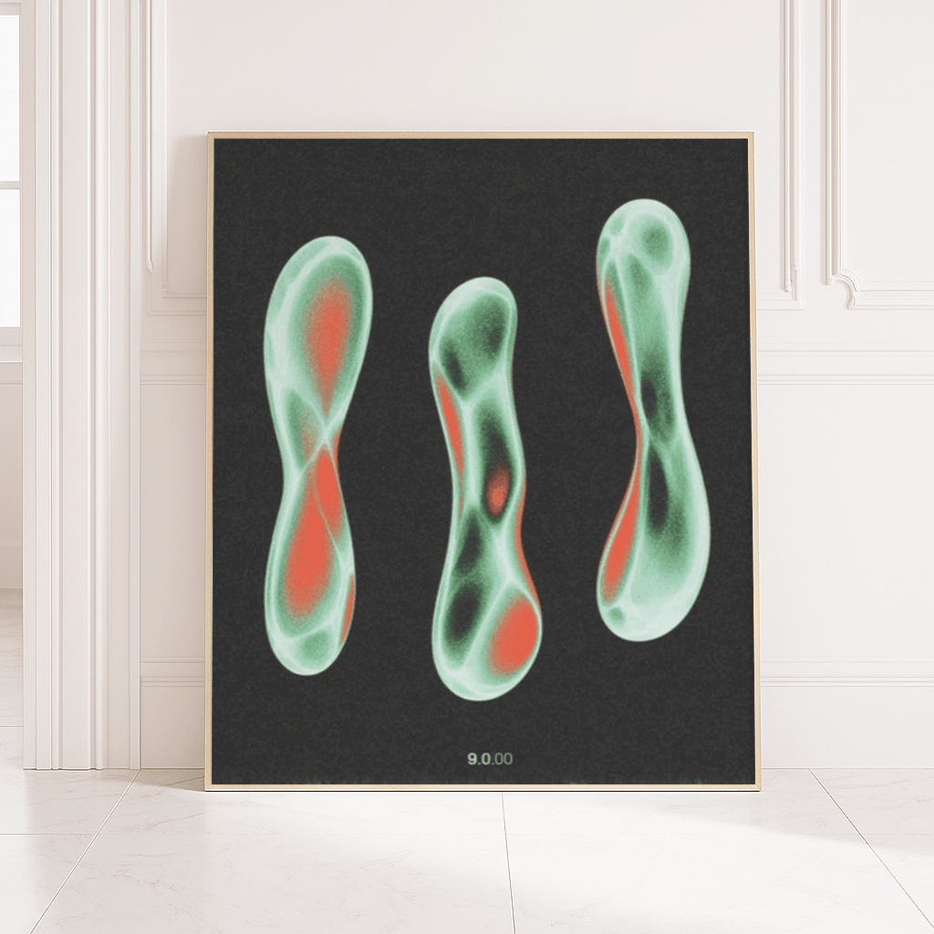 Abstrakte Kunst Poster mit leuchtenden, organischen Formen auf schwarzem Hintergrund von The Secret Gallery