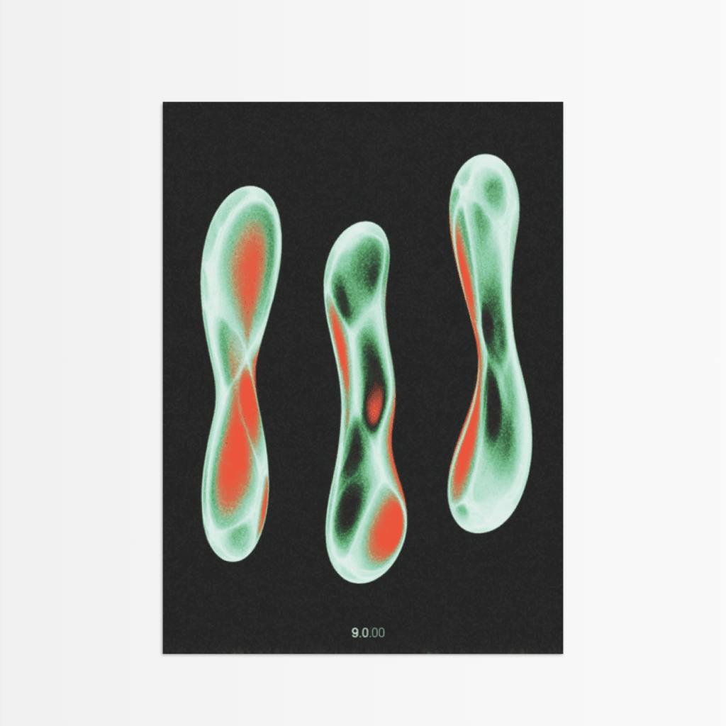 Abstrakte Kunst Poster von The Secret Gallery mit leuchtenden, farbigen Formen auf schwarzem Hintergrund