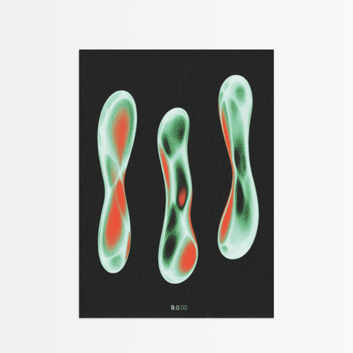 Abstrakte Kunst Poster von The Secret Gallery mit leuchtenden, farbigen Formen auf schwarzem Hintergrund