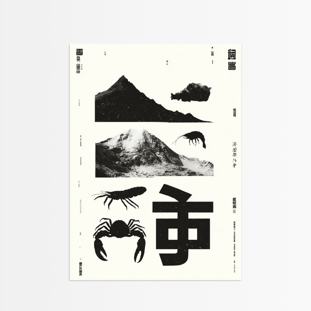 Das Berg Meer Poster von The Secret Gallery mit stilisierten Berg- und Meereselementen in Schwarz-Weiß