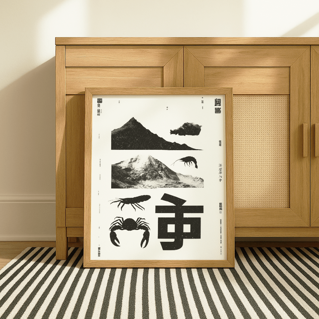 Berg Meer Poster von The Secret Gallery mit minimalistischer Berg- und Krebsillustration in Schwarz-Weiß