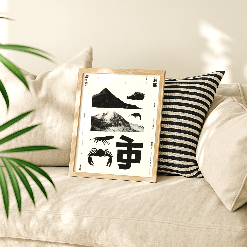 Berg Meer Poster in Holzrahmen vor einer gemütlichen Couch mit Kissen im Hintergrund