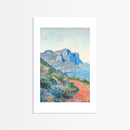 Bergblick Poster Frühling mit farbenfroher Landschaft und schneebedeckten Bergen am Wasser