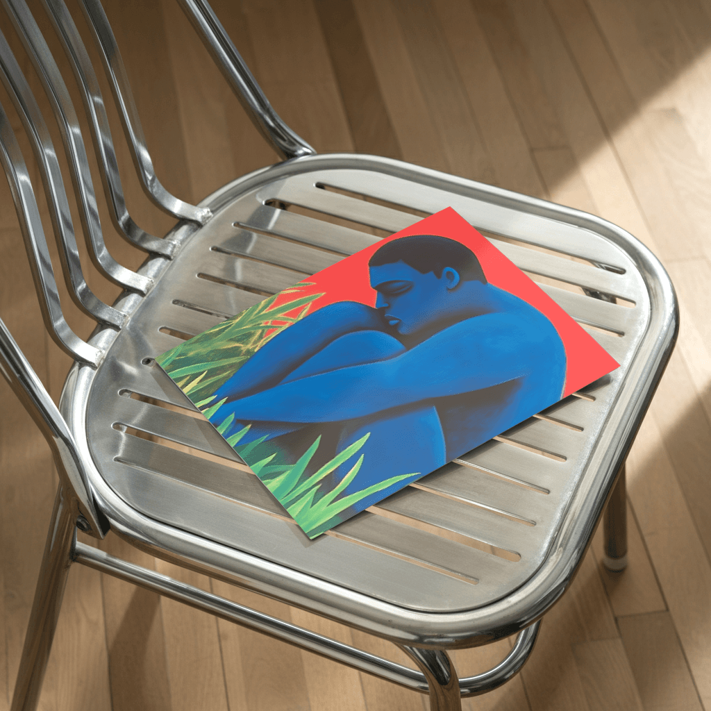 Blauer Riese Poster von The Secret Gallery auf einem Stuhl mit modernem Design