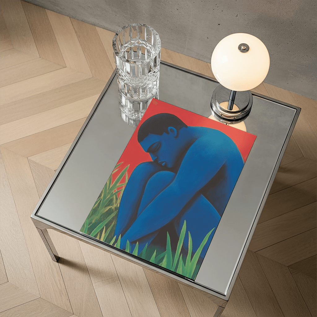 Blauer Riese Poster von The Secret Gallery mit emotionaler Darstellung eines sitzenden Mannes