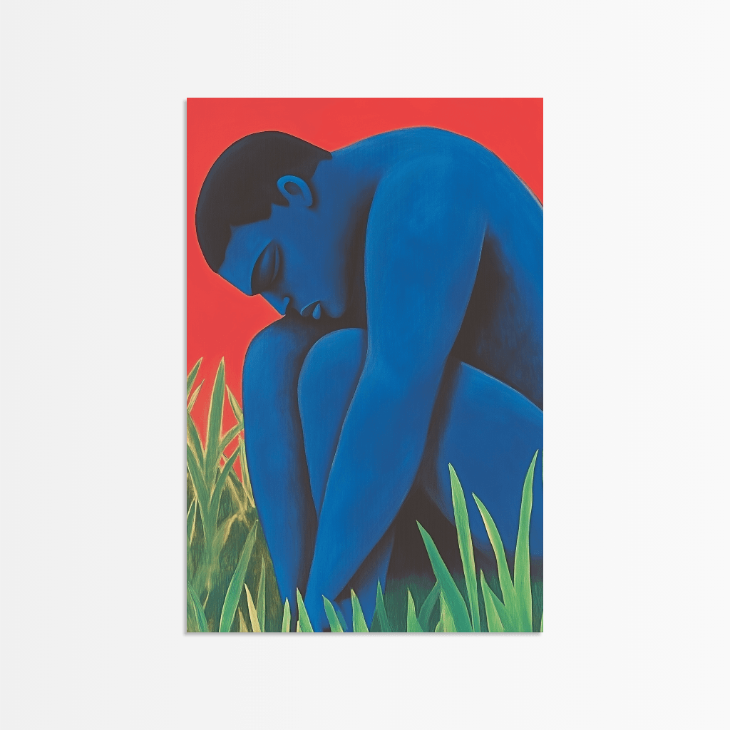 Blauer Riese Poster von The Secret Gallery mit einem blauen Mann im Gras auf rotem Hintergrund