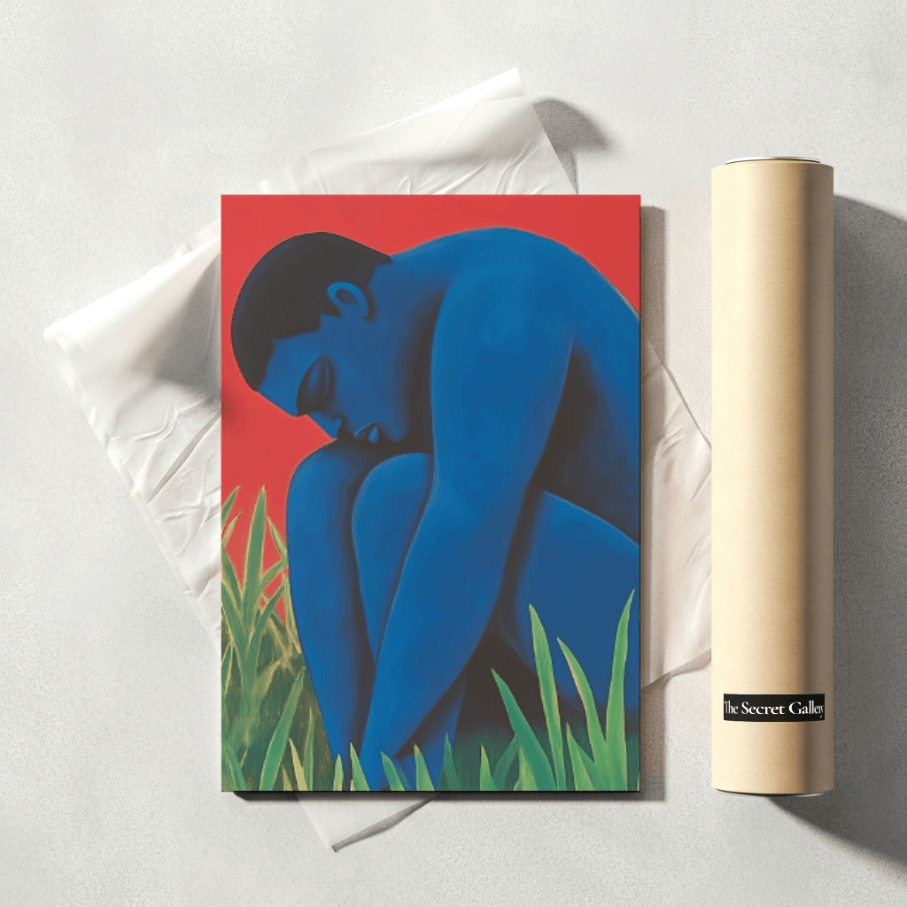 Blauer Riese Poster von The Secret Gallery mit einem nachdenklichen, blauen Mann auf rotem Hintergrund