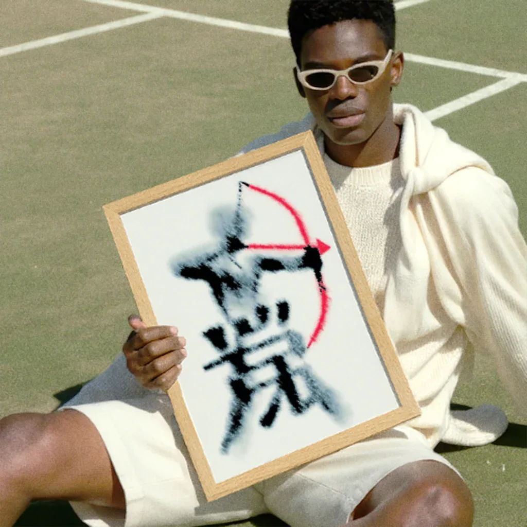 Stylisches Bogenschütze Poster in einem Holzrahmen, präsentiert von einer Person im Freien