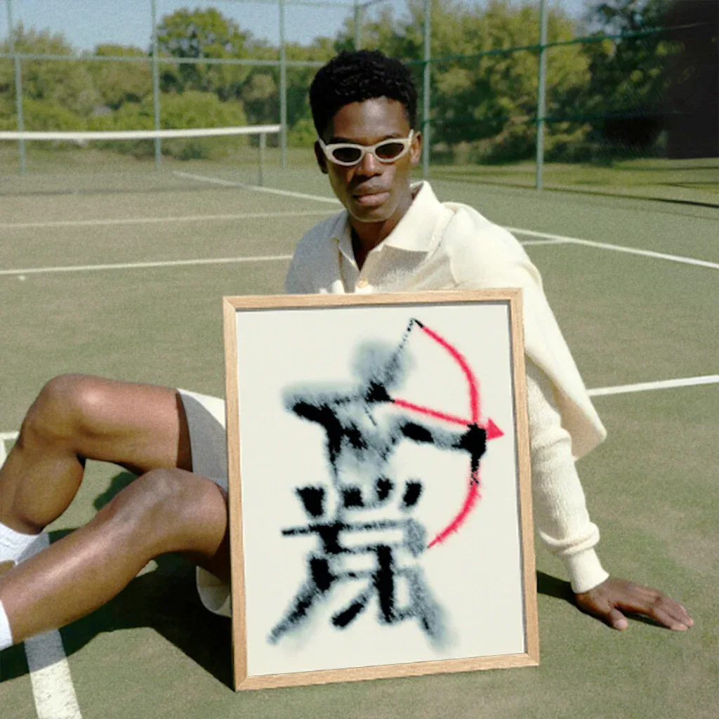 Bogenschütze Poster in einem Holzrahmen, präsentiert von einer stilvollen Person auf einem Tennisplatz