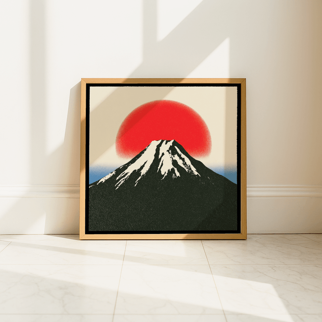Kunstvoller Fuji Poster kaufen im Vintage-Stil mit roten Sonnenuntergang und schneebedecktem Gipfel