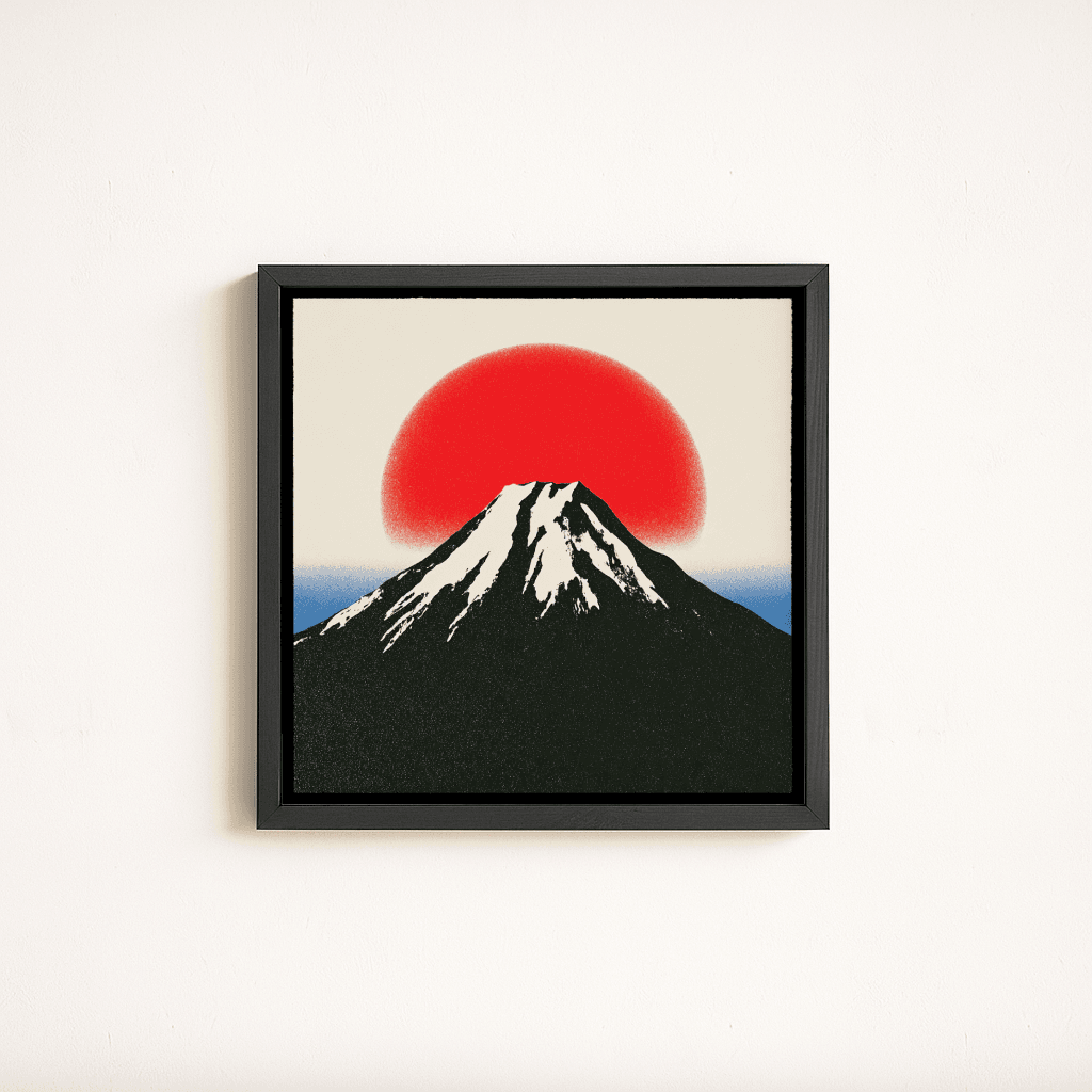 Stylischer Fuji Poster mit rot aufgehender Sonne und schneebedecktem Gipfel, ideal zum Fuji Poster kaufen