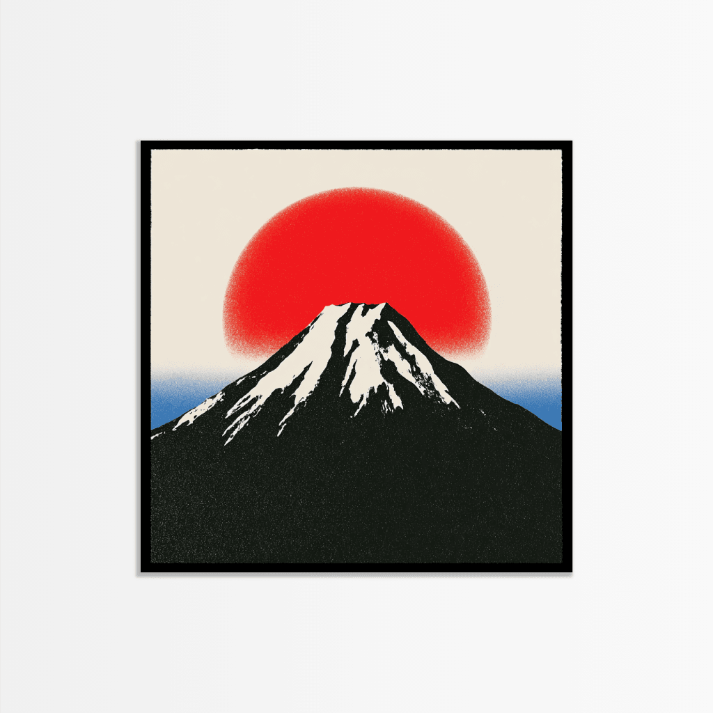 Farbenfroher Fuji Poster kaufen mit roter Sonne über schneebedecktem Berggipfel