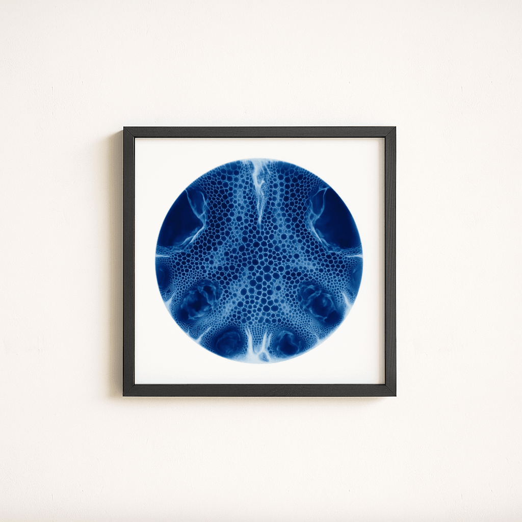Indigo Orb Poster in schwarzem Rahmen mit abstraktem blauen Design für moderne Wanddekoration