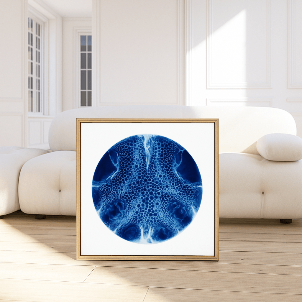 Indigo Orb Poster in einem eleganten Rahmen, präsentiert auf einem hellen Hintergrund im Wohnzimmer