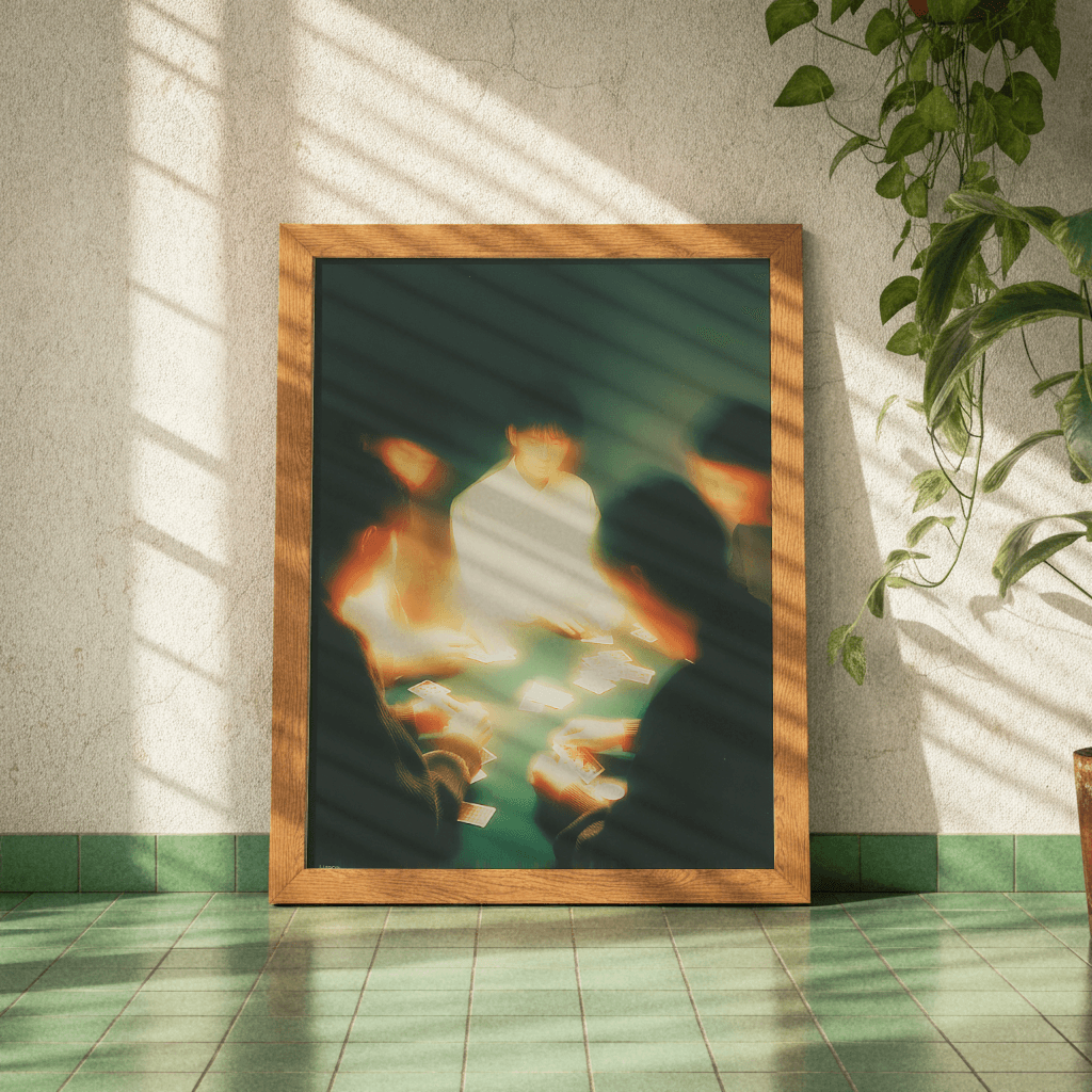 Karten spielen Poster von The Secret Gallery in einem modernen Raum mit Pflanzen und Holzrahmen