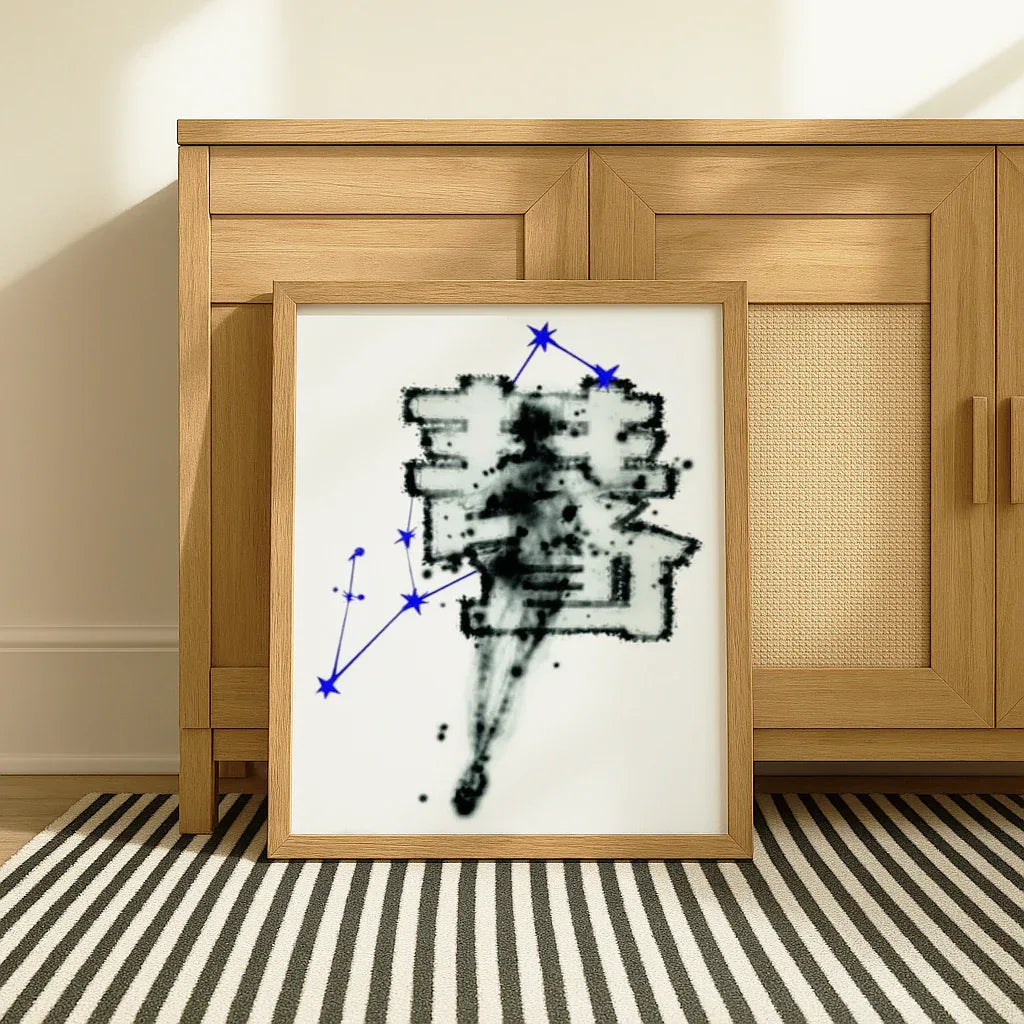 Kosmisches Poster modern mit abstrakter Darstellung von Sternen und Konstellationen, gerahmt in einem Holzrahmen