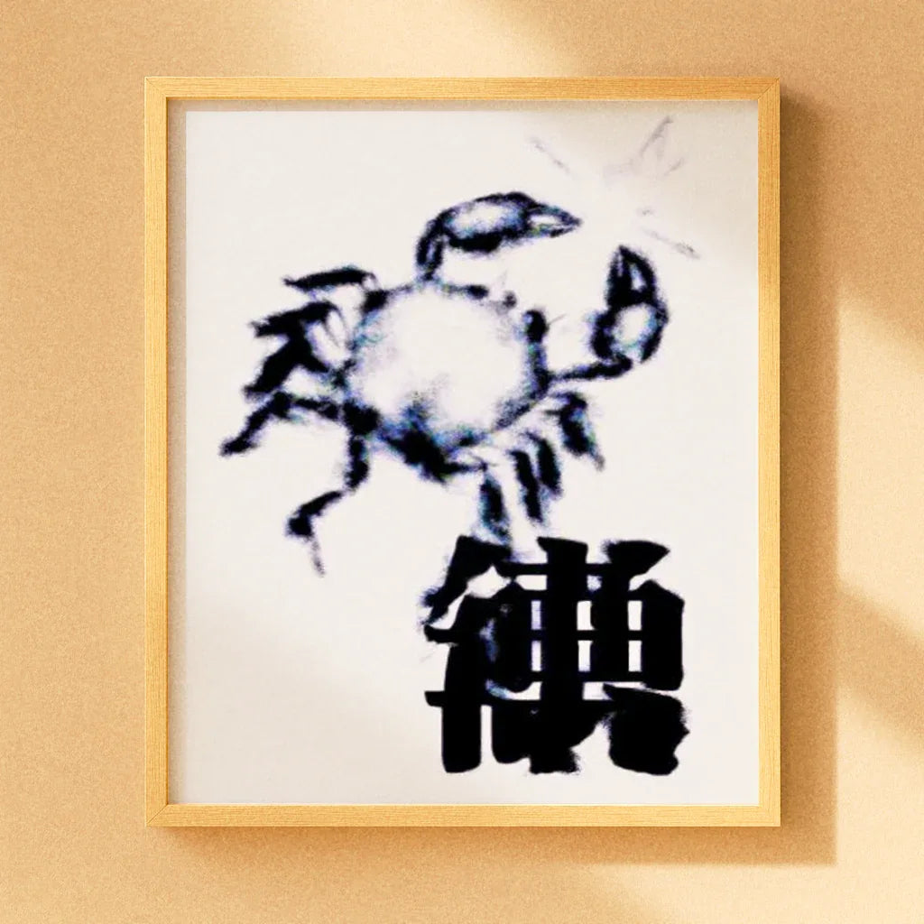 Krabben-Nebel Poster mit stilisiertem Krebsdesign in einem modernen Holzrahmen