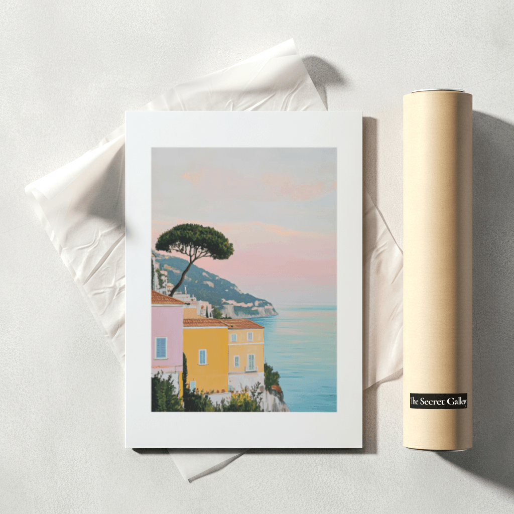 Küsten-Poster Pastell mit malerischer Ansicht eines bunten Hauses am Wasser bei Sonnenuntergang