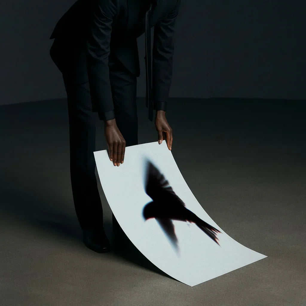 Ein moderner Vogel Poster, gehalten von einer Person in einem schwarzen Anzug auf einem minimalistischen Hintergrund