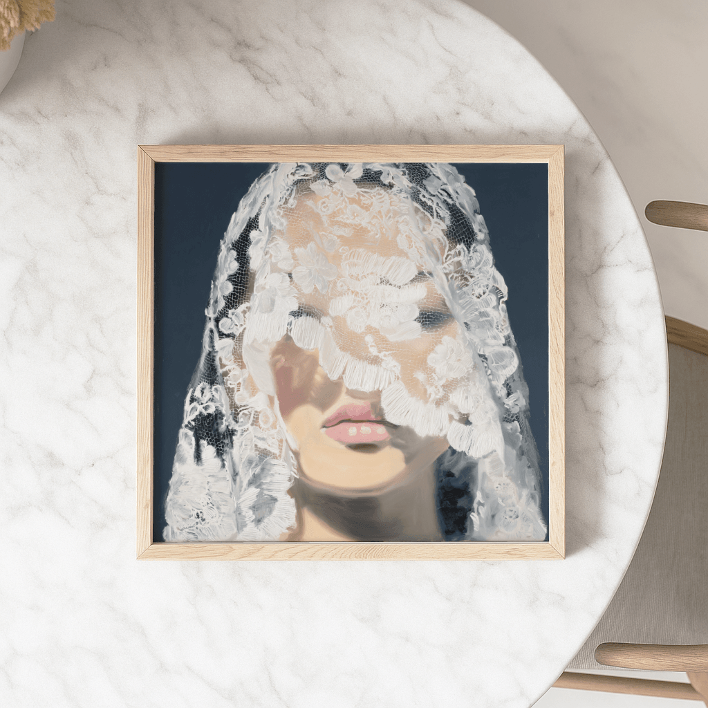 Modernes Braut Poster mit einem verschleierten Gesicht auf einem eleganten Tisch