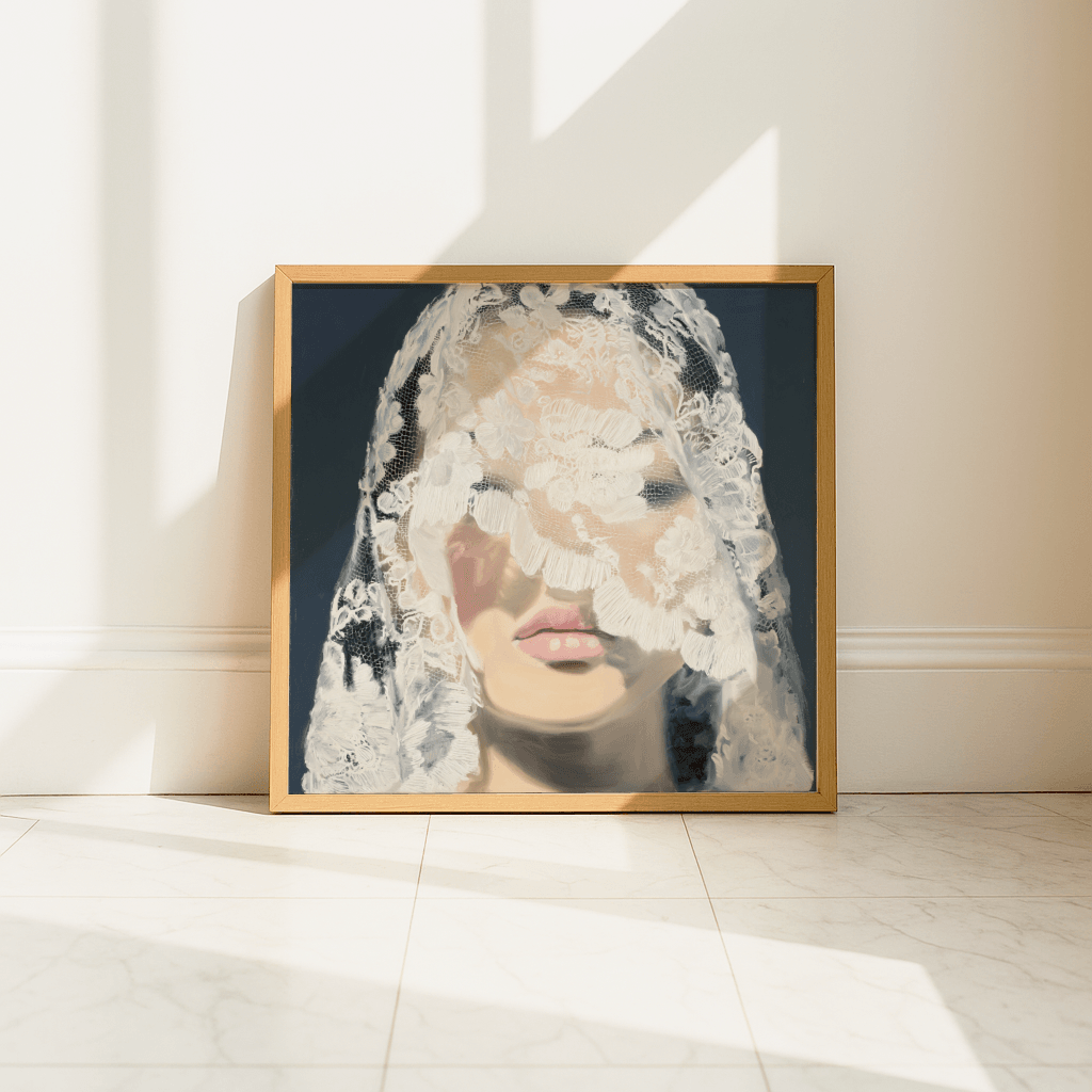 Modernes Braut Poster mit stimmungsvollem Bild einer Braut im Spitzen-Schleier