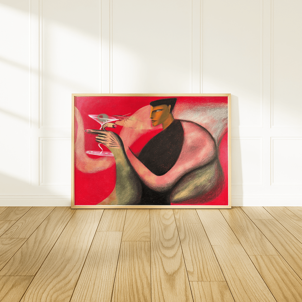 Modernes Cocktail Poster von The Secret Gallery mit stilisiertem Mann und buntem Hintergrund