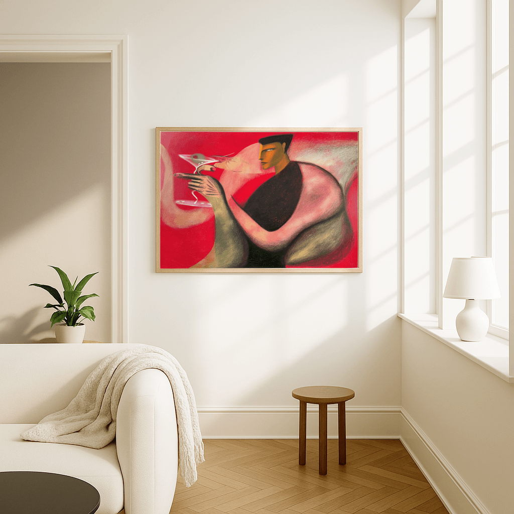 Modernes Cocktail Poster von The Secret Gallery, das eine stilisierte Person mit Cocktails in lebendigen Farben zeigt