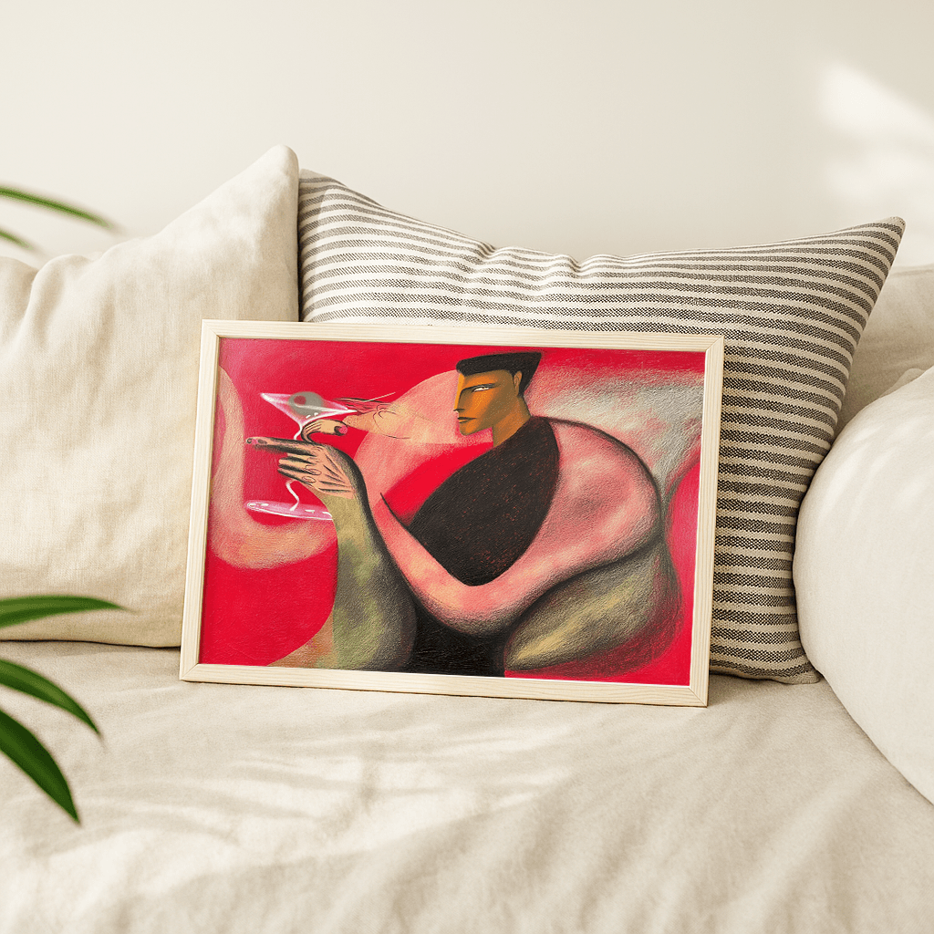 Modernes Cocktail Poster von The Secret Gallery mit stilisiertem Mann und Cocktail auf rotem Hintergrund