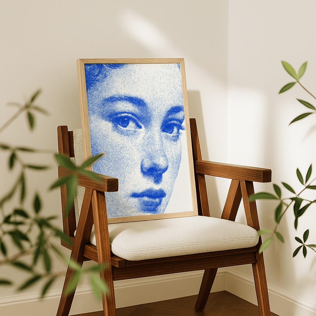 Modernes Kunstposter blau mit einem Porträt eines Mädchens in blauen Tönen im Rahmen auf einem Stuhl