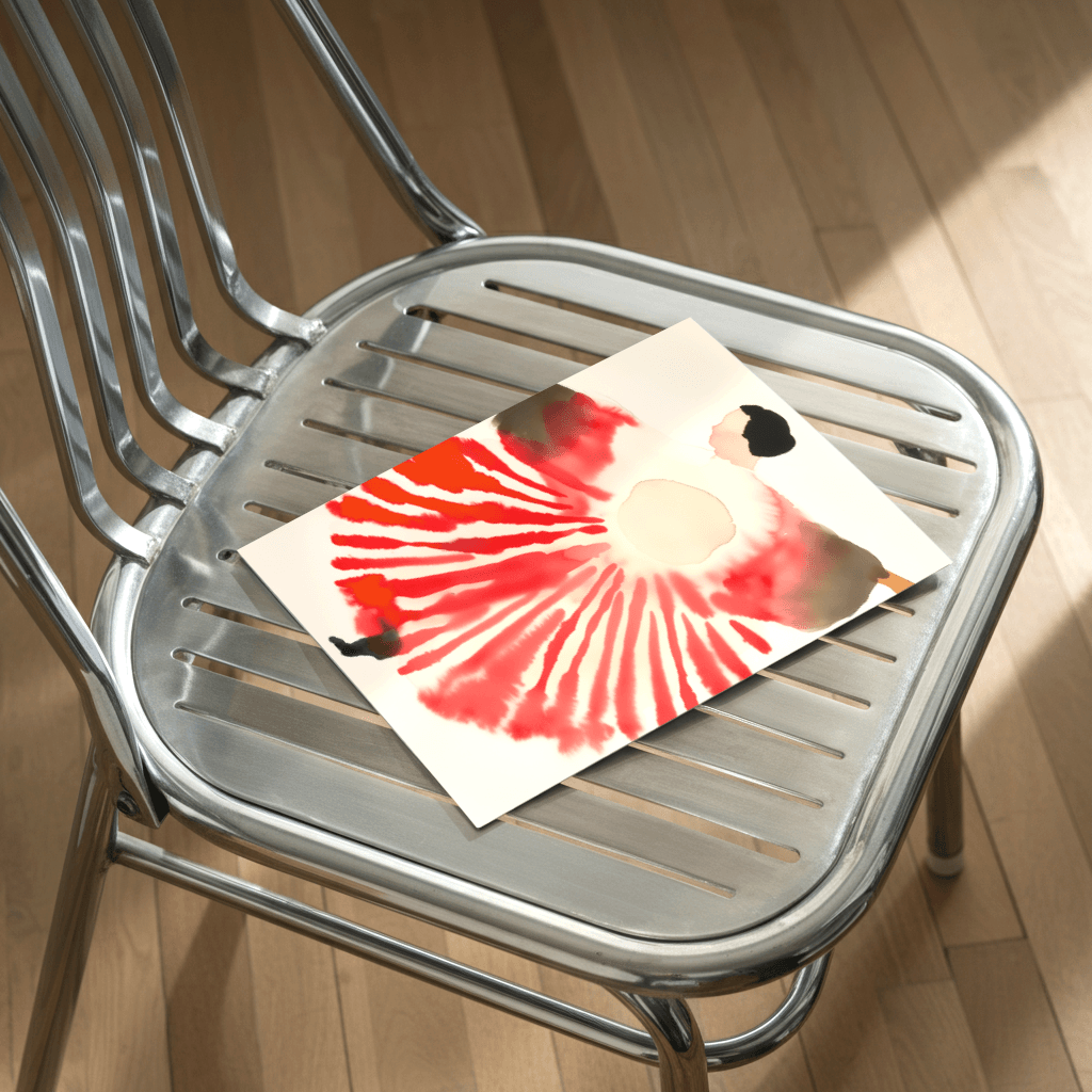 Modernes Kunstposter Flaming Wings auf einem Stuhl mit kreativen Farben und einzigartigem Design