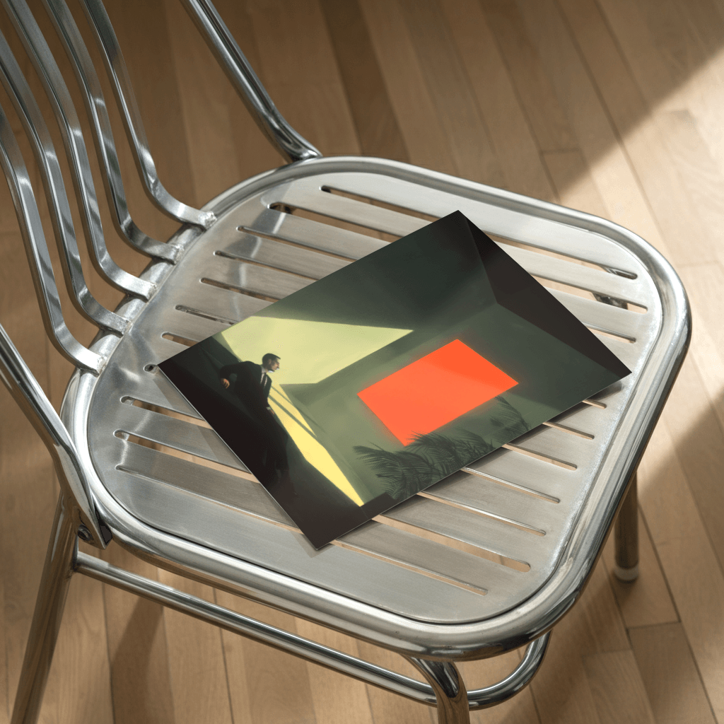 Modernes Kunstposter kaufen von The Secret Gallery, auf einem Stuhl gelegt, mit abstraktem Design