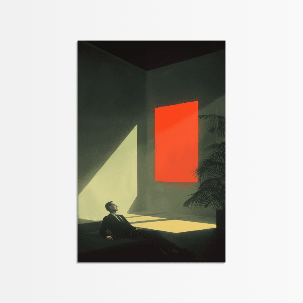 Modernes Kunstposter kaufen mit einem Mann in einem Raum, beleuchtet von rotem Licht und Schatten