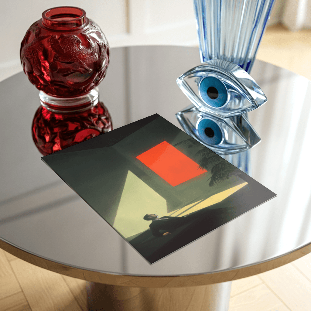 Modernes Kunstposter kaufen von The Secret Gallery auf einem Tisch mit dekorativen Objekten