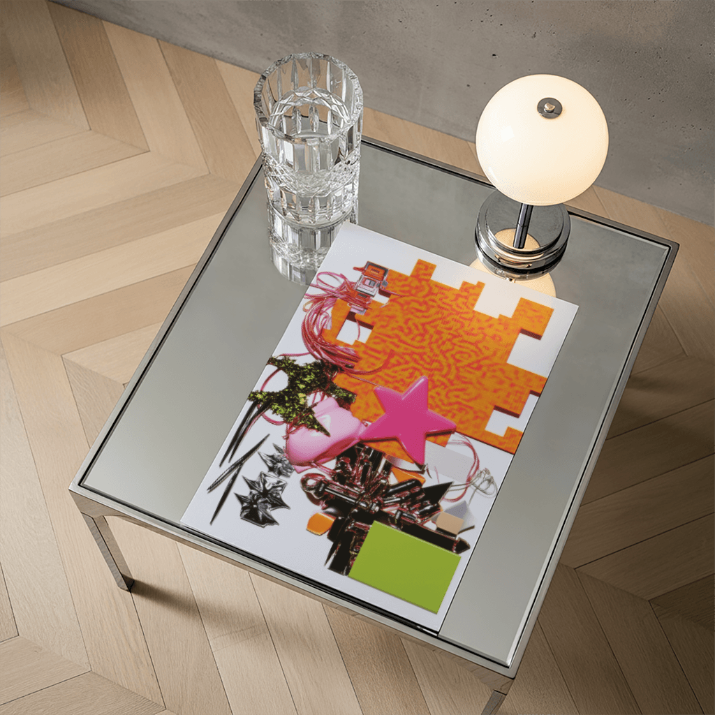 Modernes Poster abstrakt mit bunten geometrischen Formen und kreativen Elementen auf einem Tisch