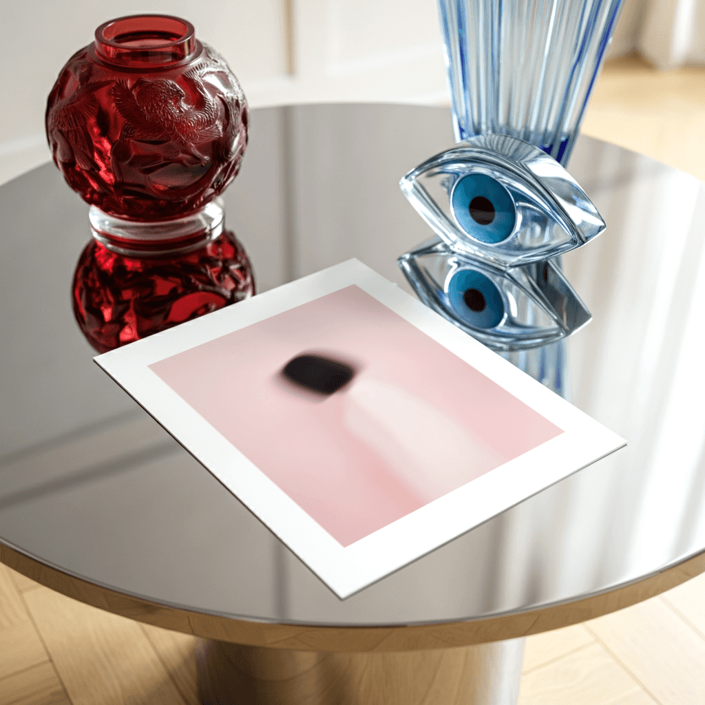 Modernes Poster abstrakt auf einem Tisch mit Glasvasen in rotem und blauem Design