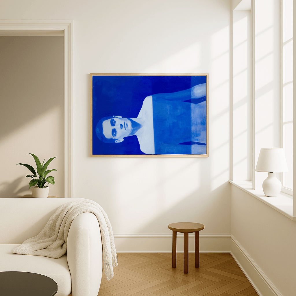 Modernes Poster blauer Mann im stylischen Raum mit heller Einrichtung und Pflanzen