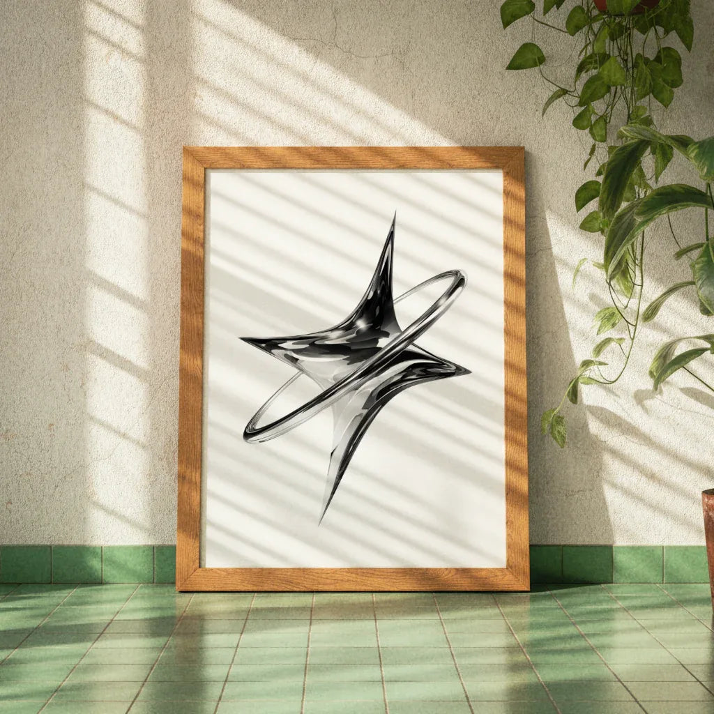 Modernes Poster Chrome Orbit in einem Holzrahmen, stilvolle Wanddekoration für jedes Zuhause