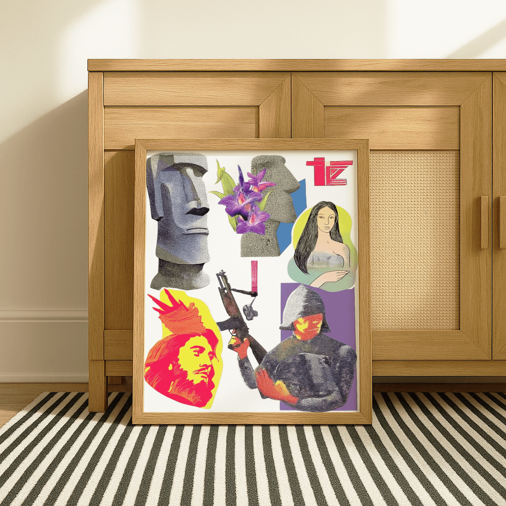 Modernes Poster Culture Clash mit verschiedenen künstlerischen Motiven und bunten Illustrationen im Holzrahmen