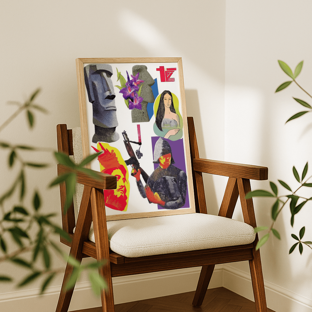 Modernes Poster Culture Clash mit verschiedenen Kunstmotiven in lebendigen Farben, präsentiert auf einem Holzstuhl