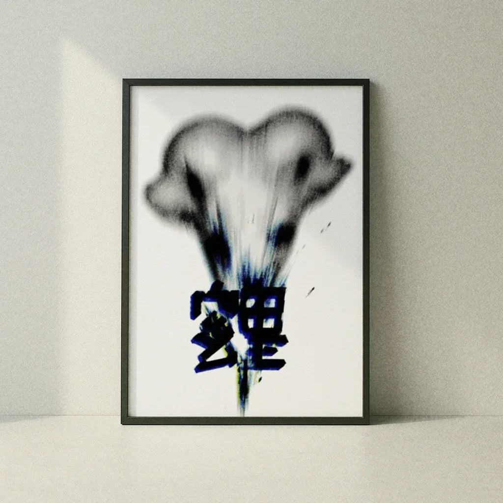 Modernes Poster Fade Away mit abstraktem Design und dynamischen Farben in einem schwarzen Rahmen