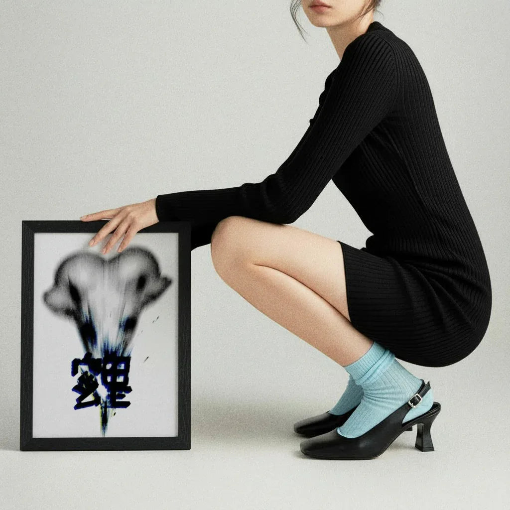 Moderne Poster Fade Away in einem schwarzen Rahmen, präsentiert von einer stilvollen Person mit hohen Schuhen