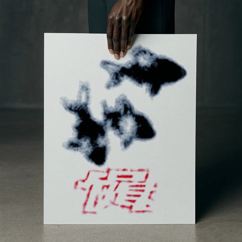 Modernes Poster Fische mit künstlerischer Darstellung von farbigen Fischen und Schriftzug