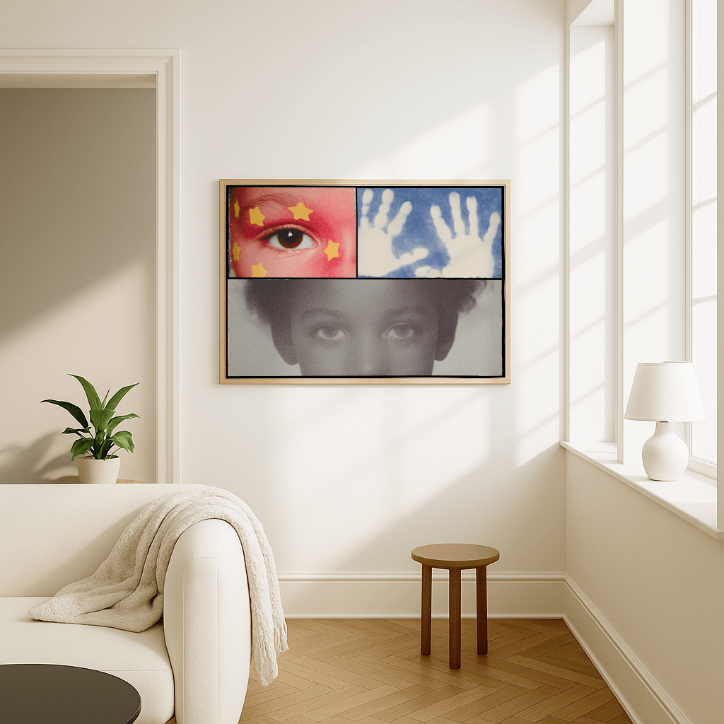 Modernes Poster Fragments of Youth mit künstlerischen Gesichtern im Wohnbereich an der Wand