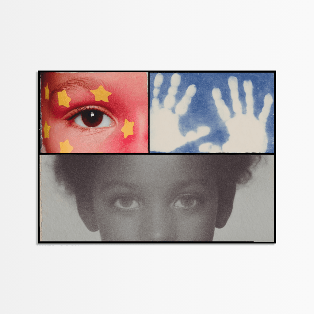 Modernes Poster Fragments of Youth mit emotionalen Porträts und kreativen Mustern in lebendigen Farben