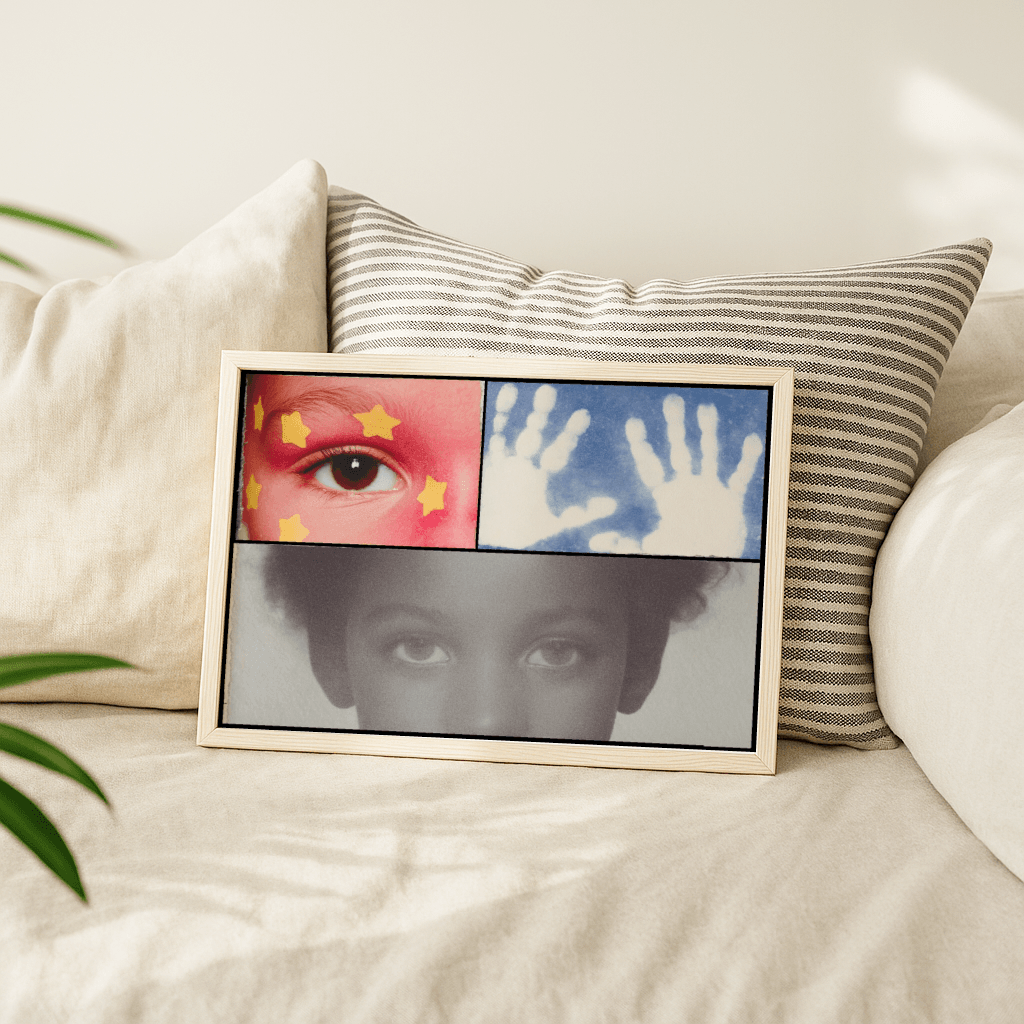 Modernes Poster Fragments of Youth mit kreativem Design und Farben auf neutralem Hintergrund