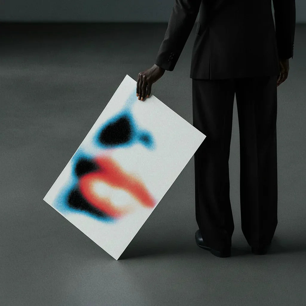 Moderne Poster Heat Haze in bunten Farben gehalten, präsentiert von einer Person im Anzug