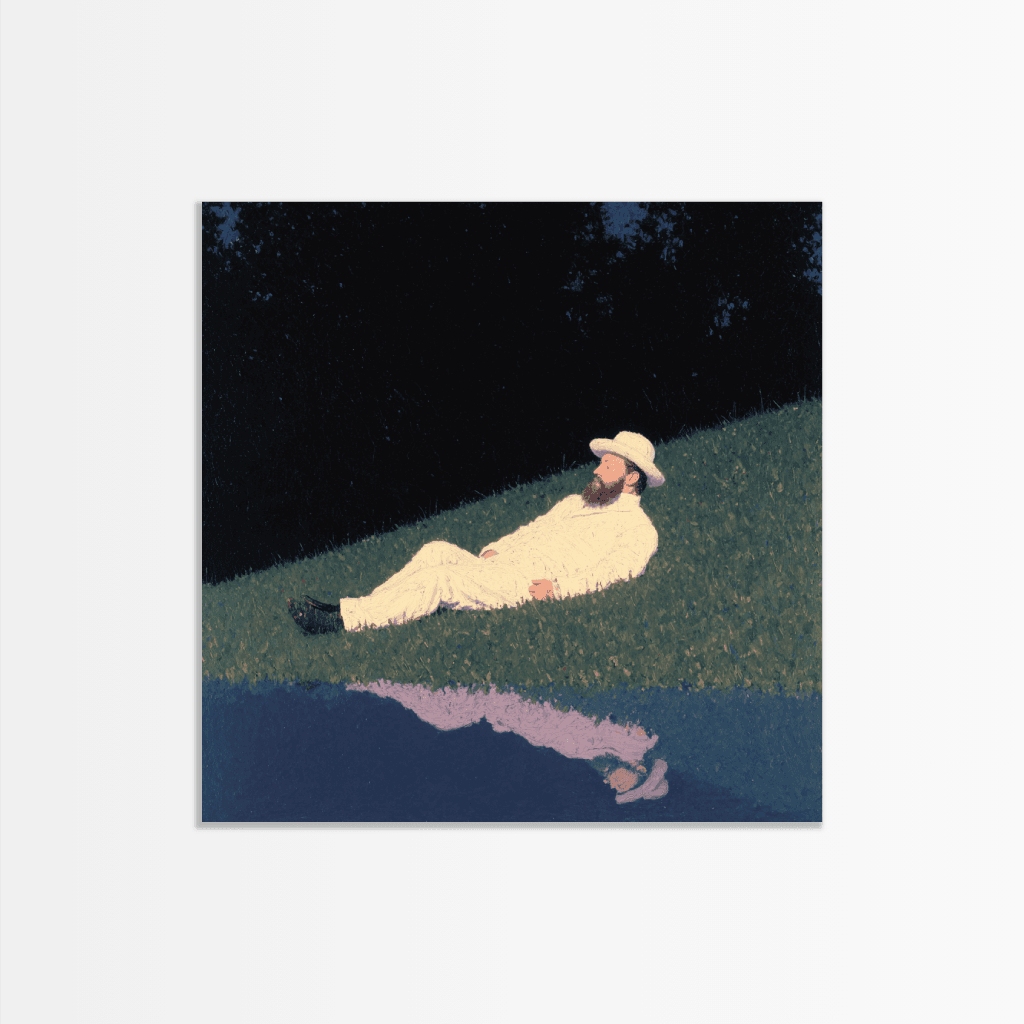 Modernes Poster Night Reflection mit einer Person, die auf dem Gras liegt und sich im Wasser spiegelt